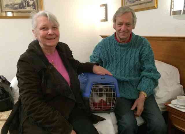 Agnes, Jim and Tweakles in the hotel room, on their way from Tomar in C.Portugal to Largs in W.Scotland.