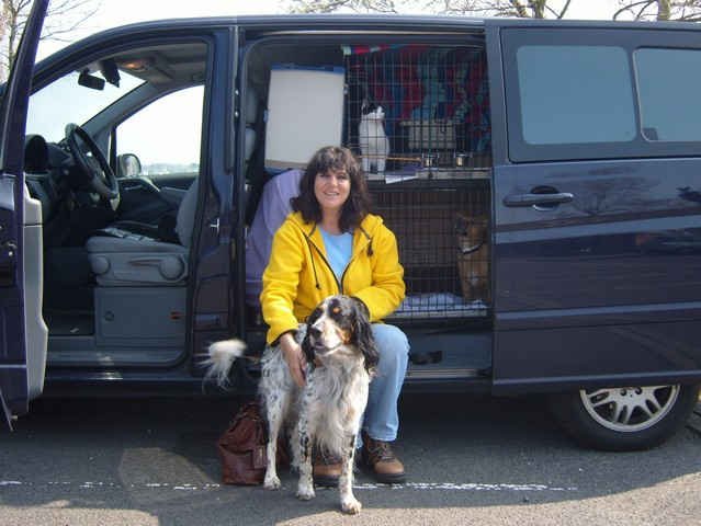 Lynda with Sam & Charlie, en route from Mijas in S.Spain to Poole in Dorset.