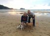 Jan, Nige, Ruby and Maisey enjoying a run on the beach in northern Spain, en route from Wakefield, W.Yorks to Villalonga, Valencia.
