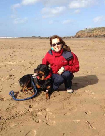 Debbie and Dudley enjoying a walk on the beach, having just travelled from Spain back to Bude in Cornwall.