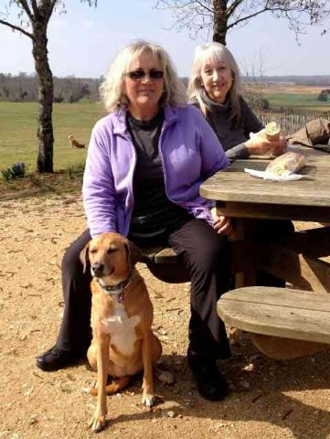 Lynne, Wendy & Milly, enjoying lunch in the very welcome Spring sunshine of France, after leaving a very chilly London to head for the south of Spain.