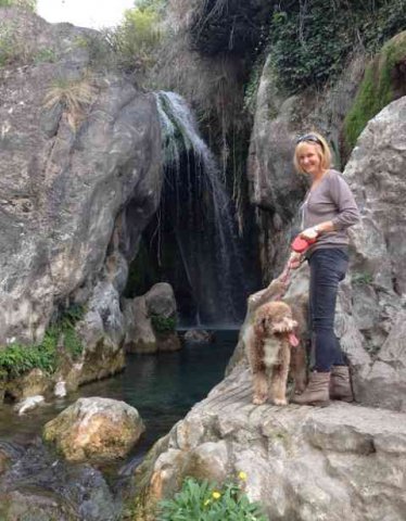 Heather & Flynn enjoying a break at the waterfalls of Algar, on their journey back home, from their stay in Wales.