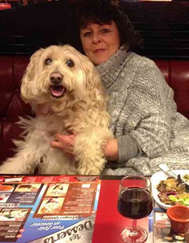 Diane and Rosie enjoying dinner in Buffalo Grill, in Rouen, France,on their journey from Derbys to Almeria, Spain. 