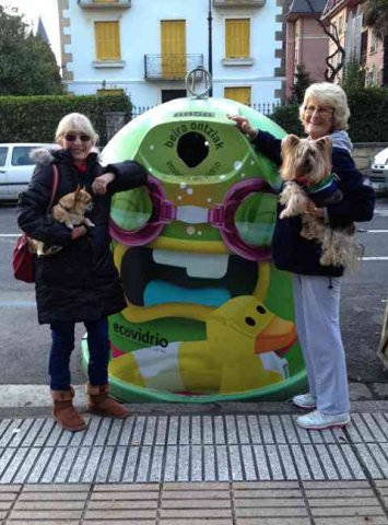 Jackie & Henry and Marion & Skippy with a wonderful 'Bottle Bank' in the Basque Country, on their way from S.Spain to the UK.