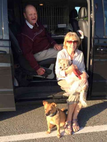 Jill and John, with Billy, Smarty and Sweetpea (and Julio!) on their journey from Oliva in Spain to Kidderminster in Worcs.